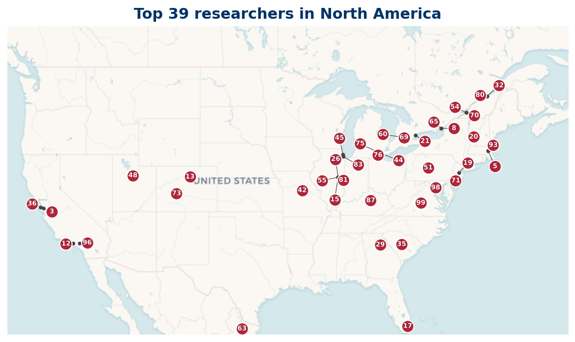 Map of North America Top 100 researchers