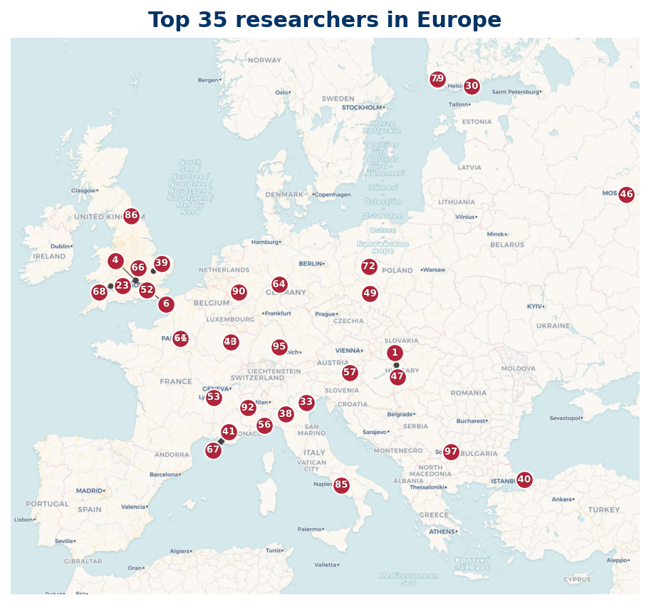 Map of Europe Top 100 researchers