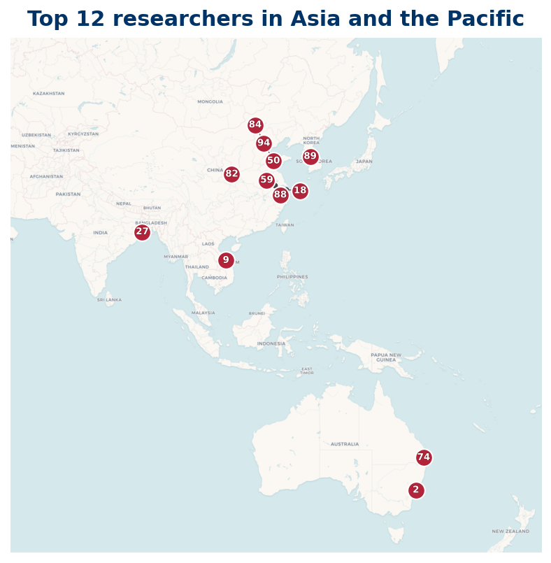Map of Asia and the Pacific Top 100 researchers