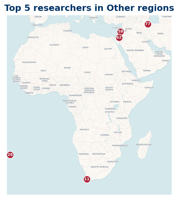 Map of Other regions Top 100 researchers